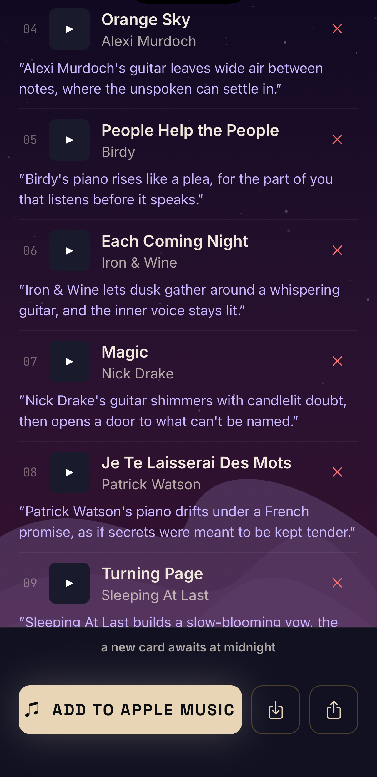 Per-song reasons screen